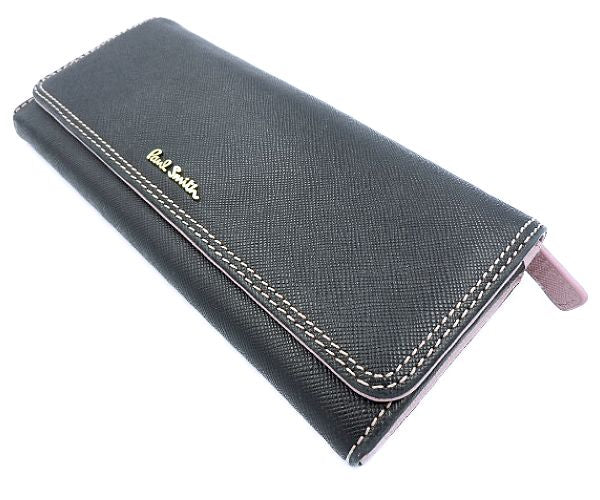 Paul Smith ポールスミス 二つ折り長財布 中古 ブラック 黒 ピンク レディース 無地 ウォレット