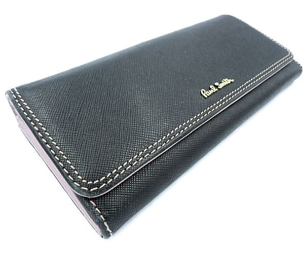 Paul Smith ポールスミス 二つ折り長財布 中古 ブラック 黒 ピンク レディース 無地 ウォレット