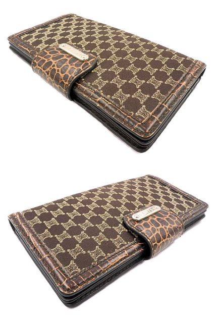 CELINE セリーヌ マカダム クロコ 型押し 二つ折り長財布 中古 WC-ST-0068 キャンバス レザー ウォレット ブラウン レディース