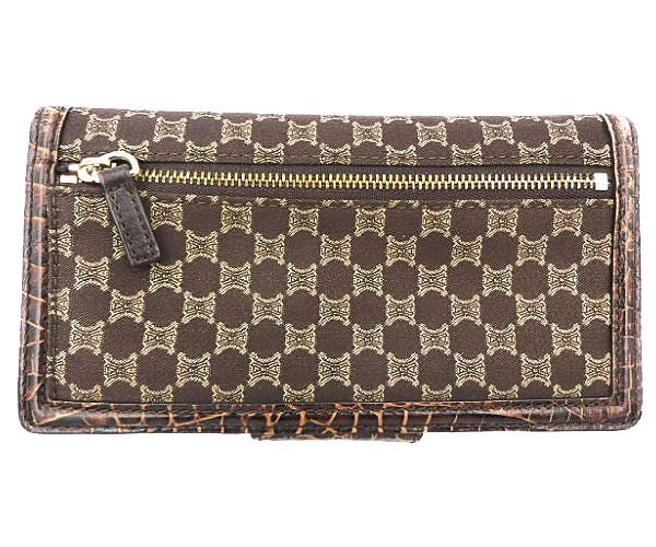 CELINE セリーヌ マカダム クロコ 型押し 二つ折り長財布 中古 WC-ST-0068 キャンバス レザー ウォレット ブラウン レディース