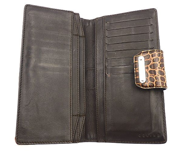 CELINE セリーヌ マカダム クロコ 型押し 二つ折り長財布 中古 WC-ST-0068 キャンバス レザー ウォレット ブラウン レディース