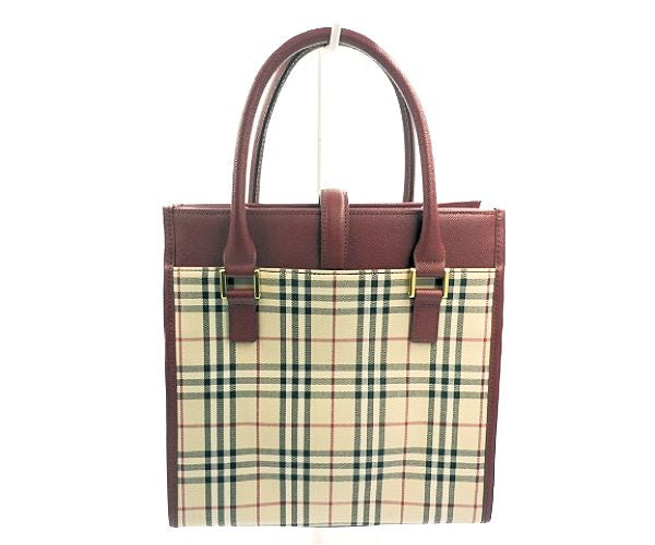BURBERRY バーバリー キャンバス ハンドバッグ 中古 チェック ベージュ レッド ブランド 鞄 レディース おしゃれ
