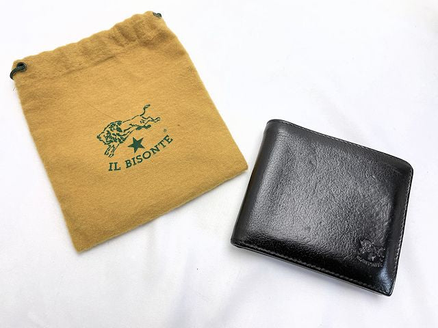 IL BISONTE イルビゾンテ レザー 二つ折り財布 中古 ブラック 黒 本革 ウォレット メンズ ブランド