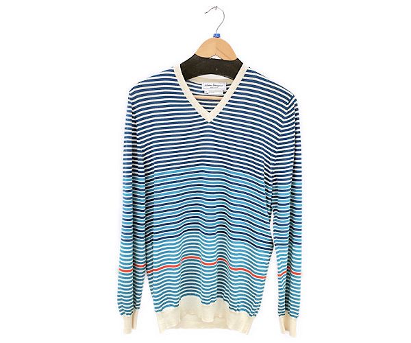Salvatore Ferragamo サルヴァトーレフェラガモ ウール ニット Vネック セーター XLサイズ 中古 ボーダー ブルー アイボリー メンズ ブランド ハイゲージ 薄手