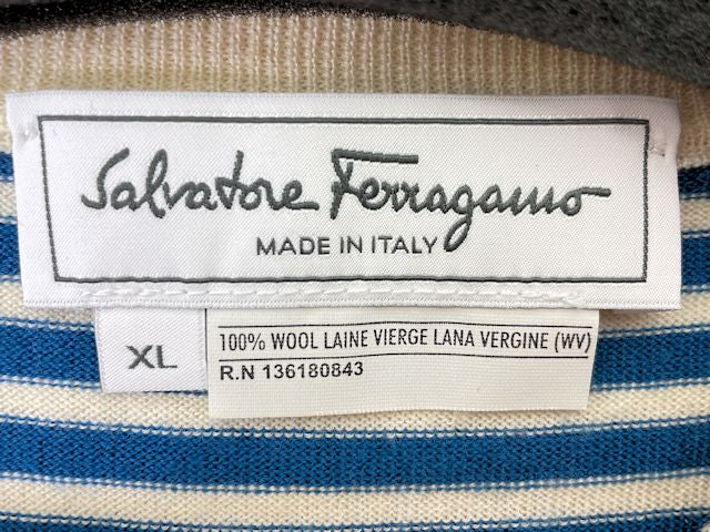 Salvatore Ferragamo サルヴァトーレフェラガモ ウール ニット Vネック セーター XLサイズ 中古 ボーダー ブルー アイボリー メンズ ブランド ハイゲージ 薄手