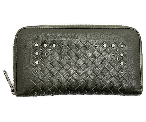 BOTTEGA VENETA ボッテガヴェネタ イントレチャート スタッズ ラウンドファスナー 長財布 中古 S01069201D カーキ メンズ 鋲 ウォレット ブランド おしゃれ