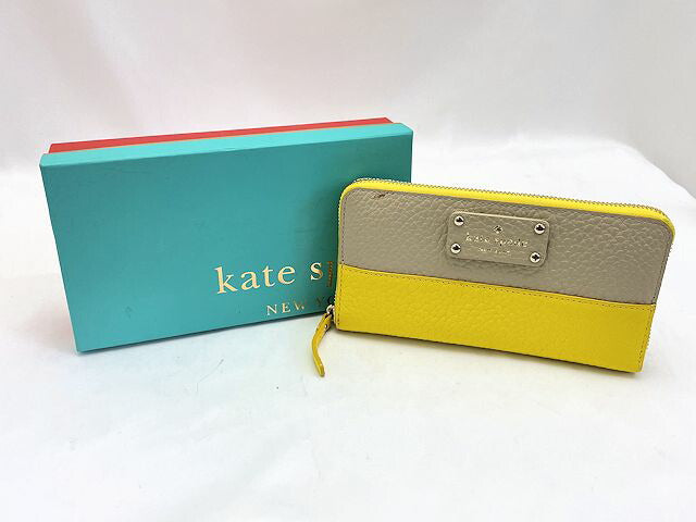 Kate spade ケイトスペード レザー ラウンドファスナー 長財布 中古 ベージュ イエロー ウォレット レディース ブランド