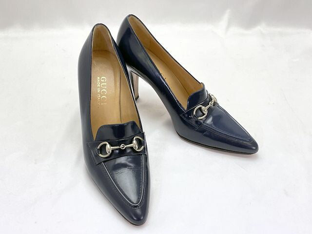 GUCCI グッチ エナメル ビット パンプス 約24cm 中古 ネイビー 紺 靴 シューズ レディース 37.5