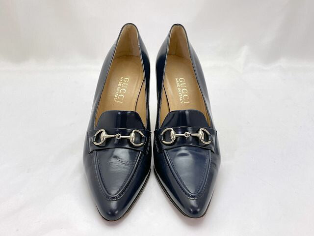 GUCCI グッチ エナメル ビット パンプス 約24cm 中古 ネイビー 紺 靴 シューズ レディース 37.5
