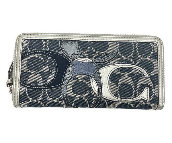 COACH コーチ パッチワーク デニム ラウンドファスナー 長財布 中古 シグネチャー ネイビー ウォレット レディース ブランド