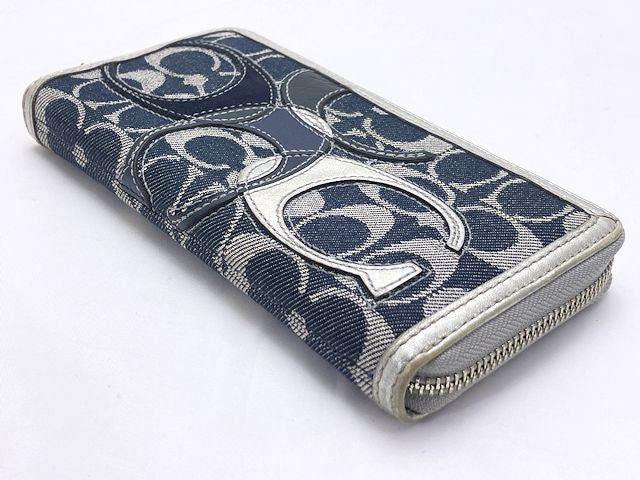 COACH コーチ パッチワーク デニム ラウンドファスナー 長財布 中古 シグネチャー ネイビー ウォレット レディース ブランド