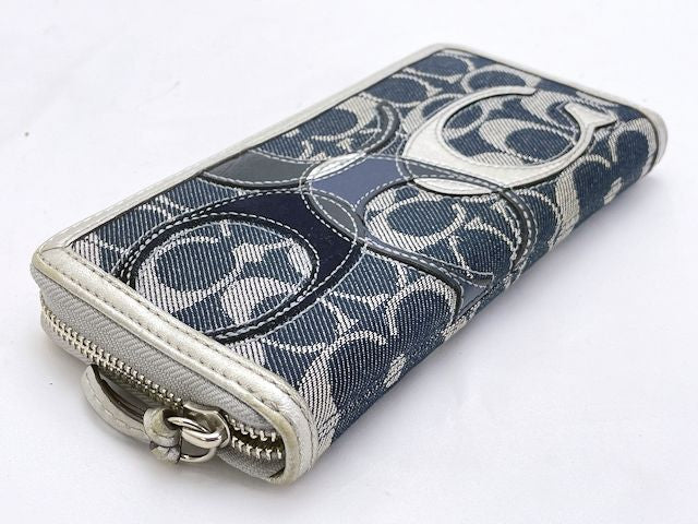 COACH コーチ パッチワーク デニム ラウンドファスナー 長財布 中古 シグネチャー ネイビー ウォレット レディース ブランド