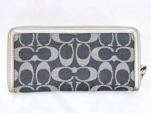 COACH コーチ パッチワーク デニム ラウンドファスナー 長財布 中古 シグネチャー ネイビー ウォレット レディース ブランド