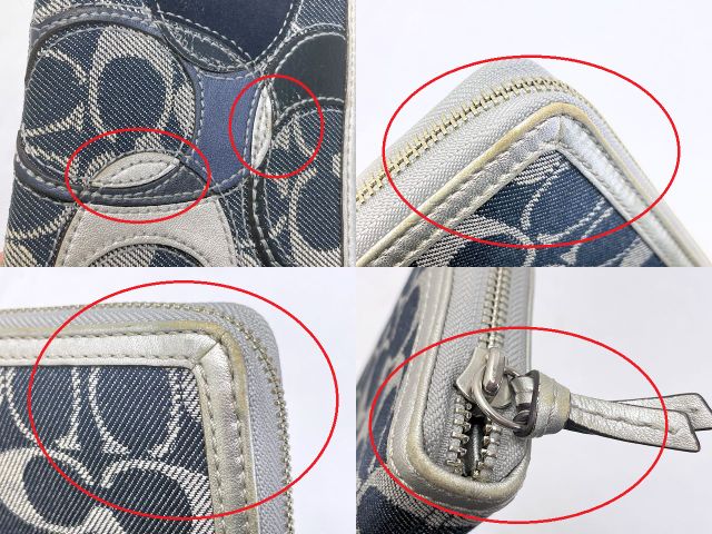 COACH コーチ パッチワーク デニム ラウンドファスナー 長財布 中古 シグネチャー ネイビー ウォレット レディース ブランド