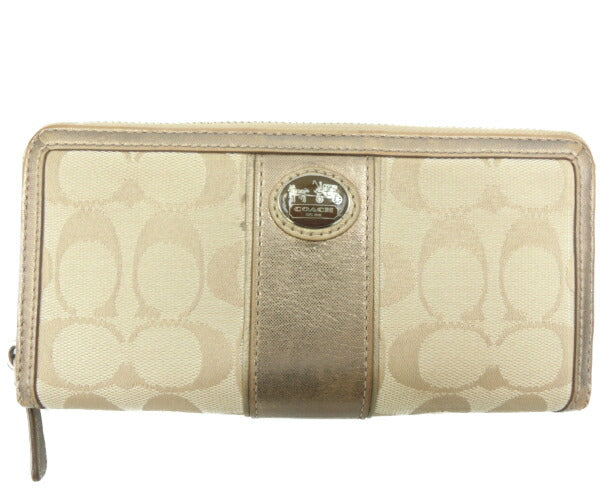 COACH/コーチ シグネチャー ラウンドファスナー 長財布 中古 ベージュ ゴールド ロゴ ウォレット