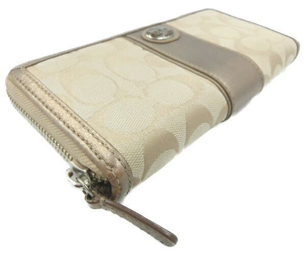 COACH/コーチ シグネチャー ラウンドファスナー 長財布 中古 ベージュ ゴールド ロゴ ウォレット