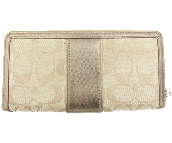 COACH/コーチ シグネチャー ラウンドファスナー 長財布 中古 ベージュ ゴールド ロゴ ウォレット