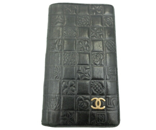 CHANEL シャネル チョコバー レザー 二つ折り長財布 中古 ブラック 黒 型押し レディース かわいい ウォレット