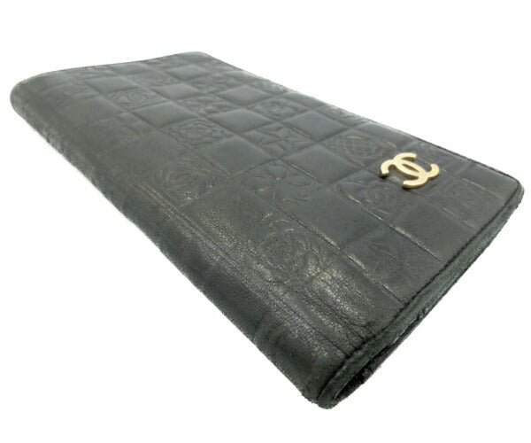 CHANEL シャネル チョコバー レザー 二つ折り長財布 中古 ブラック 黒 型押し レディース かわいい ウォレット