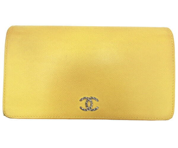 CHANEL シャネル キャビアスキン セブルガ 二つ折り長財布 中古 イエロー 黄 ロゴ ココマーク CCマーク レディース ウォレット