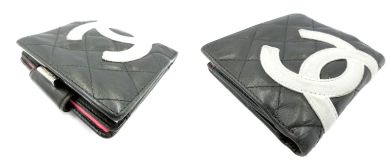 CHANEL シャネル カンボンライン レザー 二つ折り がま口財布 中古 ブラック ホワイト ウォレット ロゴ レディース