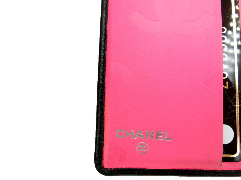 CHANEL シャネル カンボンライン レザー 二つ折り がま口財布 中古 ブラック ホワイト ウォレット ロゴ レディース