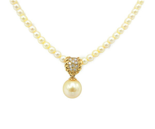K18 8.6mm ゴールドパール ダイヤ 0.08ct 淡水パール チェーン ネックレス 中古 18金 アクセサリー ジュエリー レディース 真珠