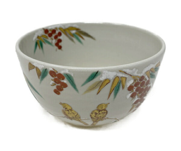 未使用品 手塚 大示 仁清写 雪南天 茶碗 中古 和食器 陶器 花 鳥 おしゃれ 茶道 お茶