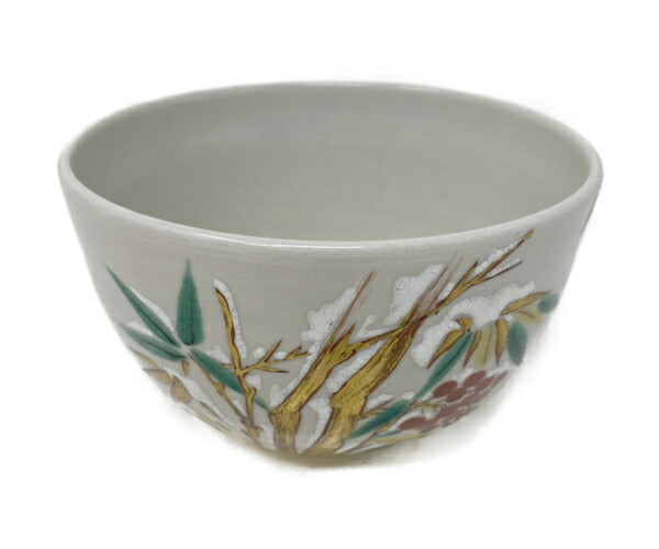 未使用品 手塚 大示 仁清写 雪南天 茶碗 中古 和食器 陶器 花 鳥 おしゃれ 茶道 お茶