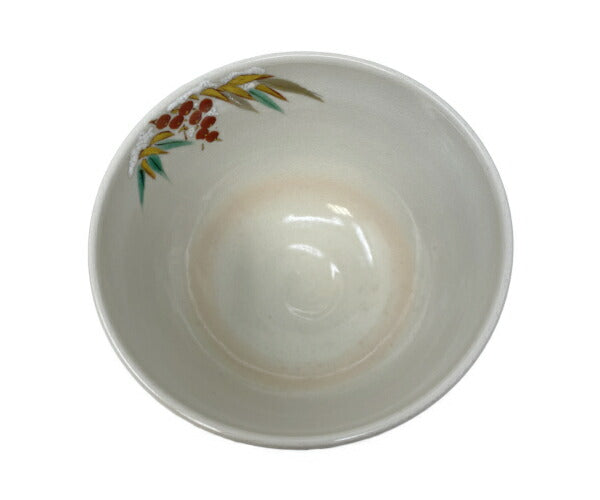 未使用品 手塚 大示 仁清写 雪南天 茶碗 中古 和食器 陶器 花 鳥 おしゃれ 茶道 お茶
