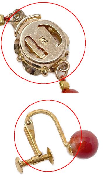 K18 K14 赤珊瑚 4-6mm ネックレス イヤリング セット 中古 サンゴ ゴールド 金 アクセサリー ジュエリー レディース