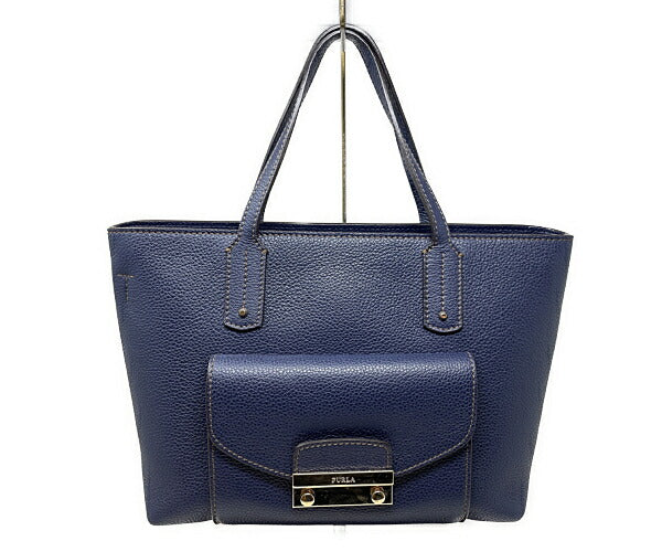 FURLA フルラ レザー ハンドバッグ 中古 ネイビー 紺 鞄 レディース ブランド 本革 おしゃれ