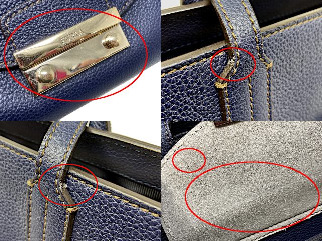 FURLA フルラ レザー ハンドバッグ 中古 ネイビー 紺 鞄 レディース ブランド 本革 おしゃれ