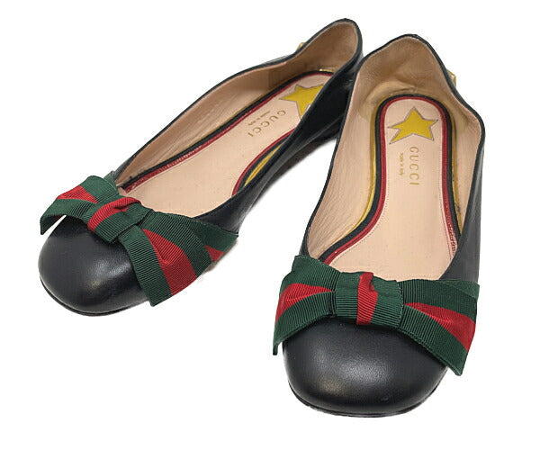 GUCCI グッチ シェリー スタースタッズ リボン パンプス 約22.5cm 中古 35.5 フラット 靴 ブラック レディース ブランド