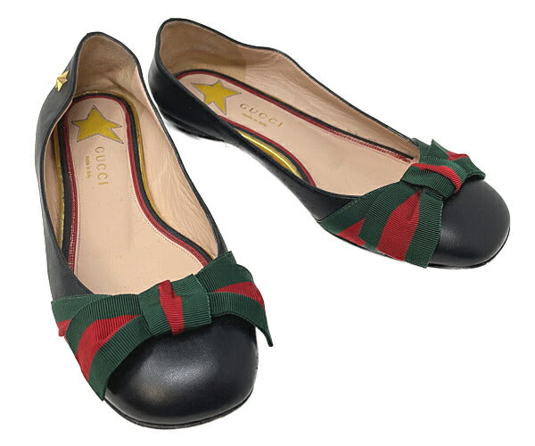 GUCCI グッチ シェリー スタースタッズ リボン パンプス 約22.5cm 中古 35.5 フラット 靴 ブラック レディース ブランド