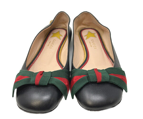 GUCCI グッチ シェリー スタースタッズ リボン パンプス 約22.5cm 中古 35.5 フラット 靴 ブラック レディース ブランド