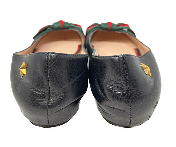 GUCCI グッチ シェリー スタースタッズ リボン パンプス 約22.5cm 中古 35.5 フラット 靴 ブラック レディース ブランド