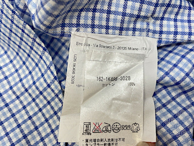 ETRO エトロ コットン シャツ 中古 長袖 ギンガムチェック ブルー メンズ ブランド カジュアル