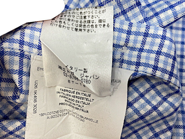 ETRO エトロ コットン シャツ 中古 長袖 ギンガムチェック ブルー メンズ ブランド カジュアル
