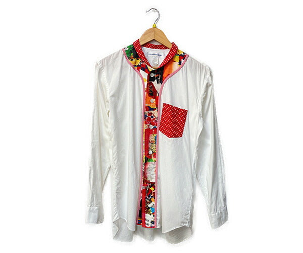 COMME des GARCONS SHIRTコムデギャルソンシャツ コットン 丸襟 シャツ Sサイズ 中古 長袖 ホワイト レッド モード メンズ 柄シャツ ブランド