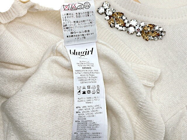 Blugirl ブルーガール ビジュー カシミヤ混 カーディガン 38 中古 ホワイト 白 ウール レディース ブランド おしゃれ