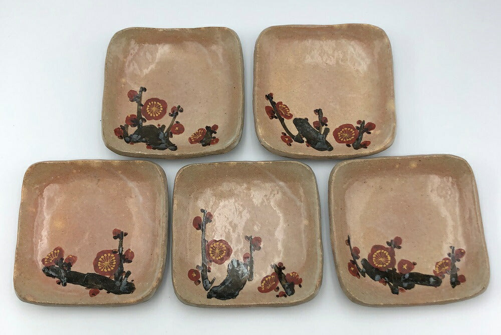 未使用品 六兵衛窯 音羽窯 紅梅画変 角皿 銘々皿 5枚入 中古 陶器 和食器 梅柄 清水六兵衛 陶食器 和柄