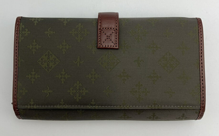 russet ラシット 二つ折り 長財布 ブラウン×ダークグリーン 中古 ロングウォレット フラップ レディース 総柄 ロゴ カード