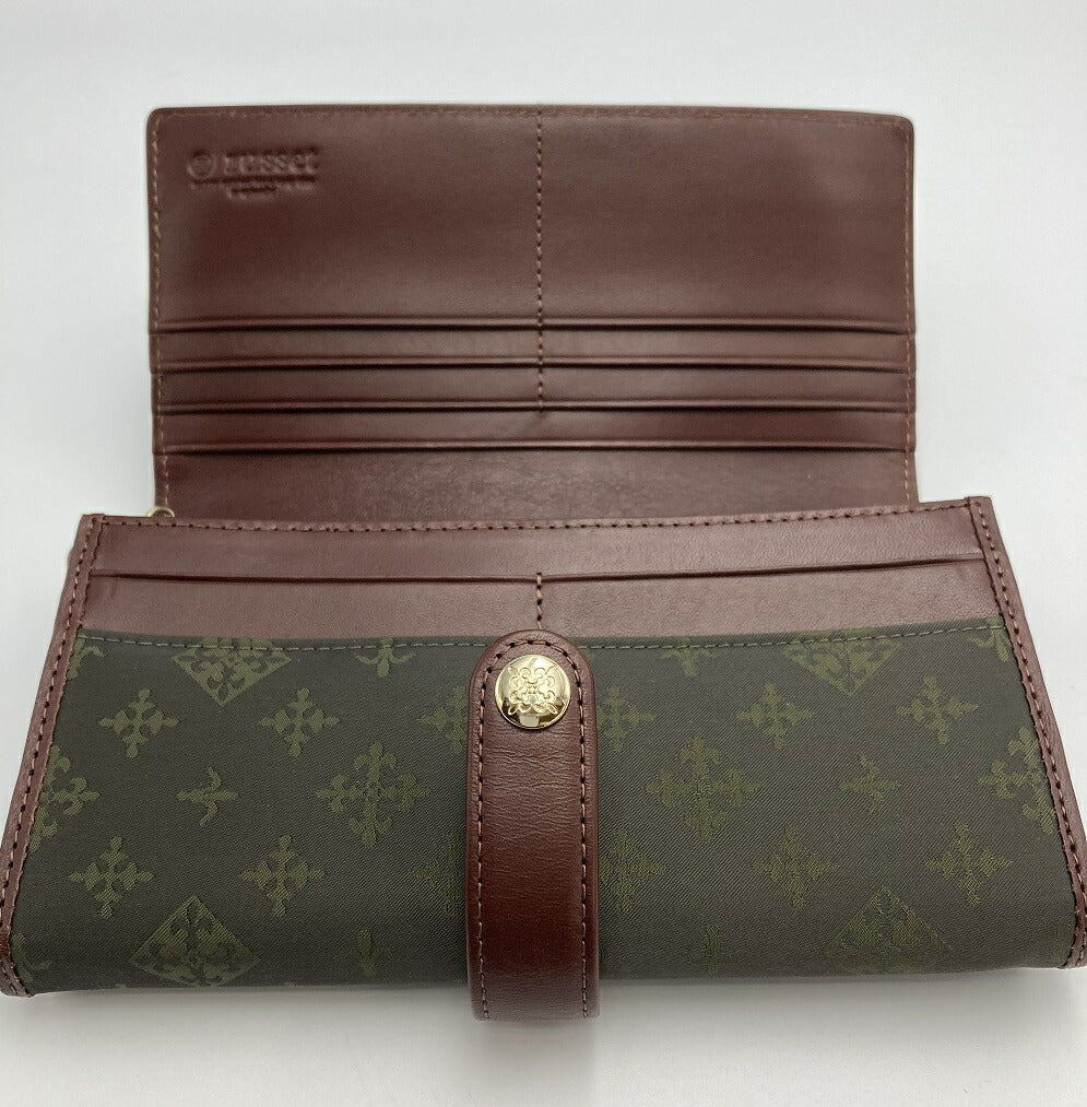 russet ラシット 二つ折り 長財布 ブラウン×ダークグリーン 中古 ロングウォレット フラップ レディース 総柄 ロゴ カード