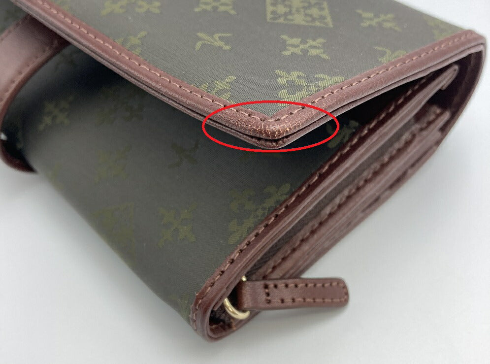 russet ラシット 二つ折り 長財布 ブラウン×ダークグリーン 中古 ロングウォレット フラップ レディース 総柄 ロゴ カード