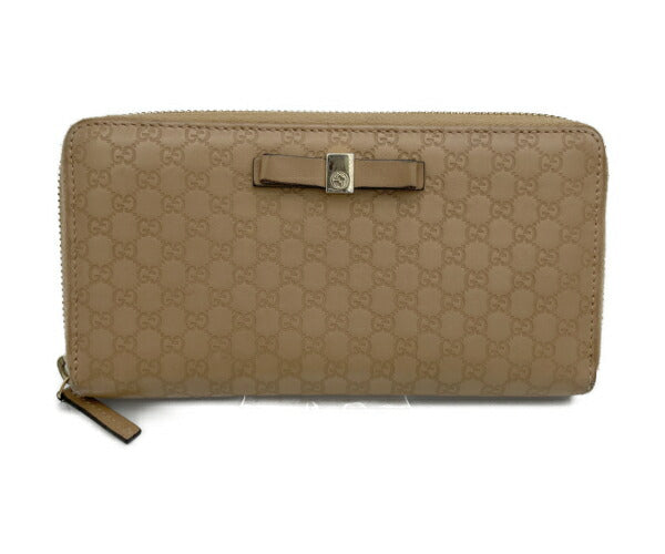 GUCCI マイクログッチシマ ラウンドファスナー 長財布 388680 中古 ブランド レザー 本革 リボン 小銭入れ 札入れ 収納
