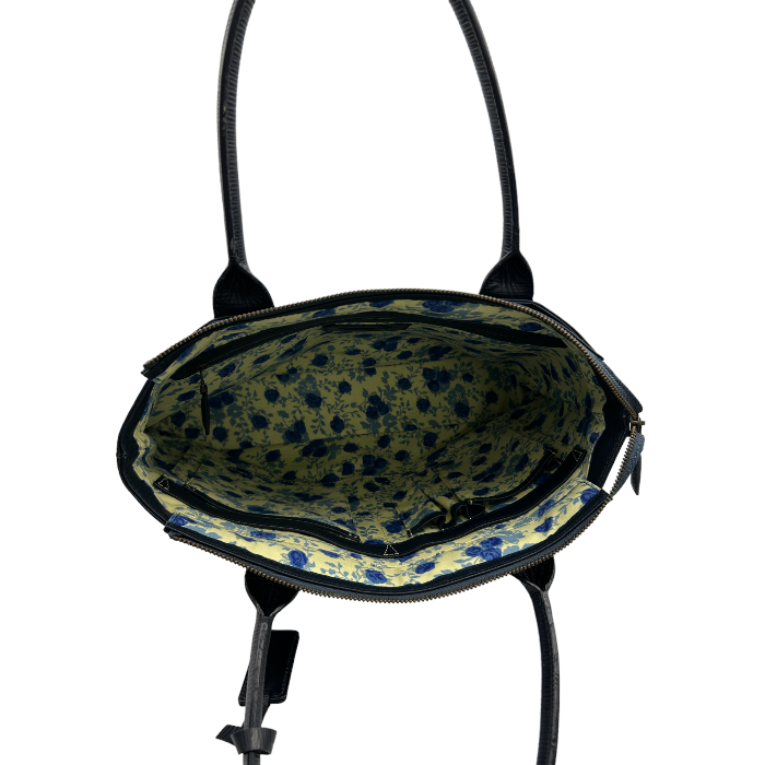 MOTHERHOUSE マザーハウス トートバッグ 鞄 レザー 本革 ネイビー 花柄 通勤 お出かけ 中古 W4