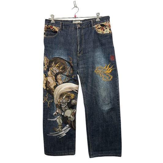 絡繰魂 カラクリタマシイ ジーンズ 38 デニムパンツ ボトムス メンズ 和柄 風神 雷神 中古 W４