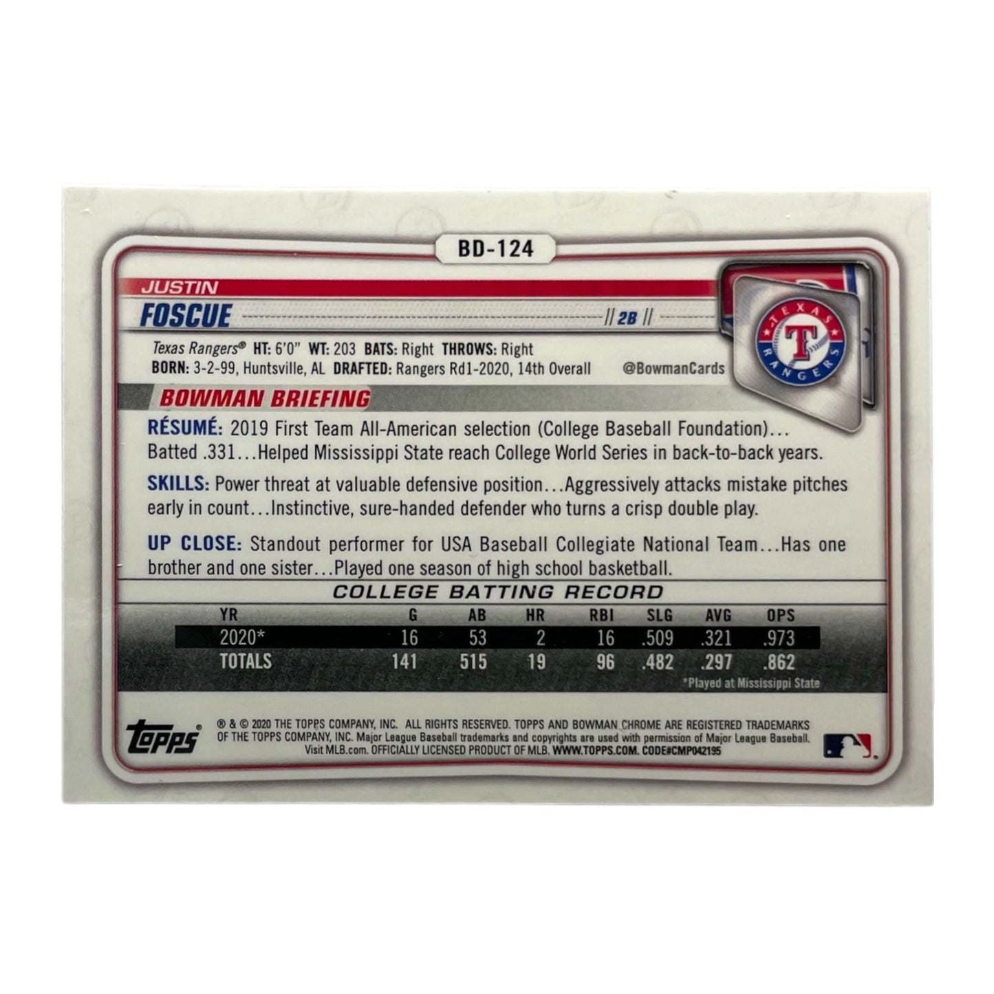 TOPPS MLBカード BOWMAN CHROME 1ST JUSTIN FOSCUE TEXAS RANGERS #BD-124 中古 IT2