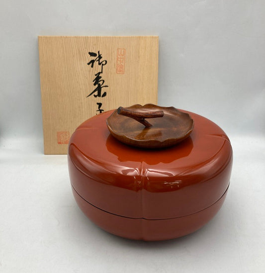 山中塗 雅峰 天然木 うるし塗装 柿型 菓子器 中古 D4